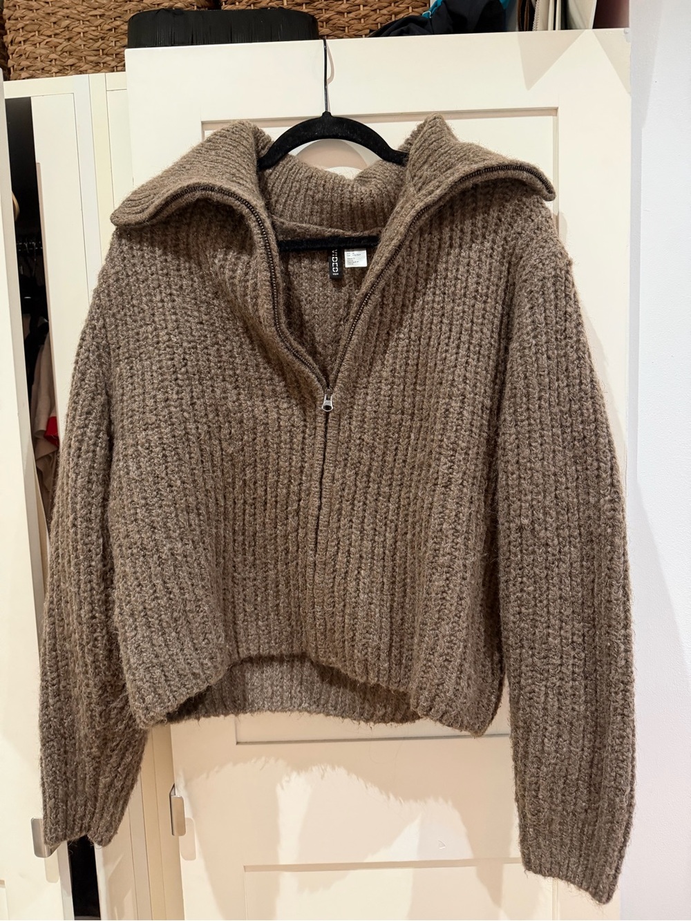 H&M Chunky Zip up Turtleneck Sweater in Taupe
